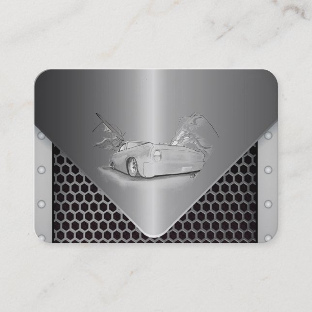 cool grey  metal look with drawing of a car business card (Front)