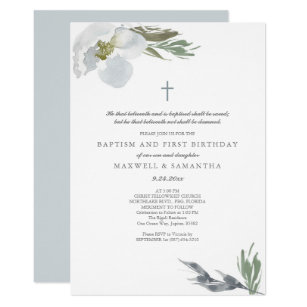 Cool Grey Watercolor Florals Twins Baptism Invitation