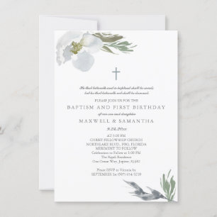 Cool Grey Watercolor Florals Twins Baptism Invitation