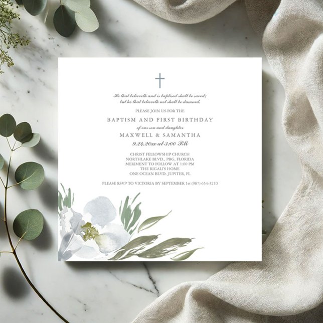 Cool Grey Watercolor Florals Twins Baptism Invitation (Baptism invitations watercolor grey flowers and greenery)