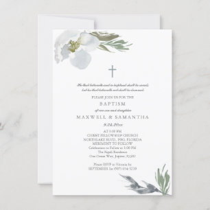 Cool Grey Watercolor Florals Twins Baptism Invitation