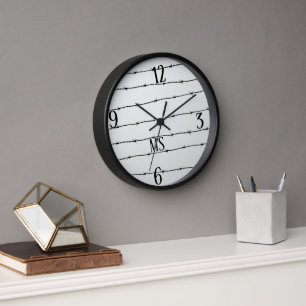 Cool grey white black barbed wire pattern Monogram Clock