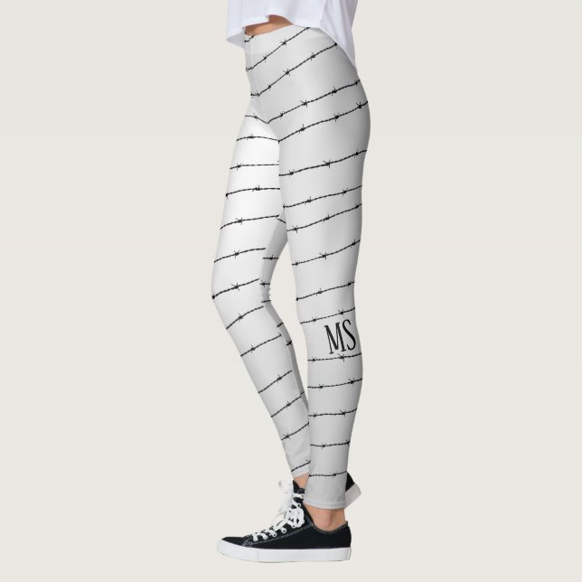 Cool grey white black barbed wire pattern Monogram Leggings (Left)