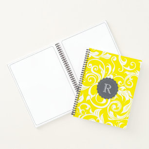 Cool Grey Yellow Floral Wallpaper Swirl Monogram Notebook