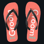 Cool Groom Coral Thongs<br><div class="desc">Groom is written in white text against bright coral background.  Personalise with date of wedding in turquoise blue.  Cool beach destination or honeymoon flip flops.  Original designs by TamiraZDesigns.</div>