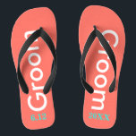 Cool Groom Coral Thongs<br><div class="desc">Groom is written in white text against bright coral background.  Personalise with date of wedding in turquoise blue.  Cool beach destination or honeymoon flip flops.  Original designs by TamiraZDesigns.</div>