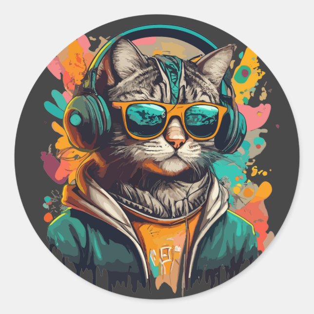 Cool Groovy Cat with Headphones Listening to Music Classic Round Sticker (Front)