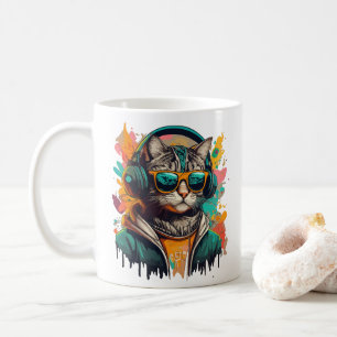 Cool Groovy Cat with Headphones Listening to Music Coffee Mug