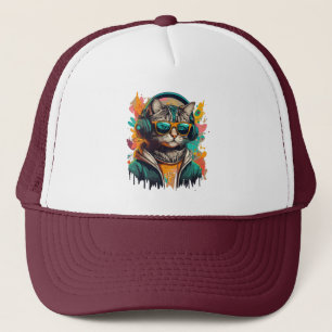 Cool Groovy Cat with Headphones Listening to Music Trucker Hat