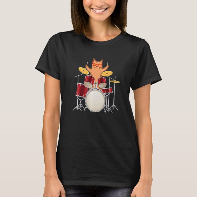 Cool Groovy Hippy Kitty Cat Playing His Drum Set I T-Shirt (Front)
