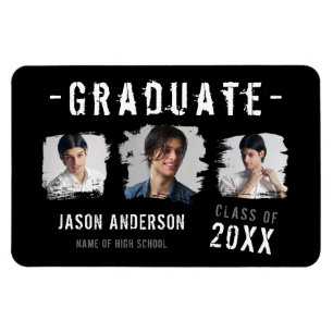 Cool Grunge Black 3 Photo Graduate Announcement Magnet