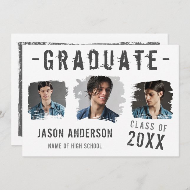 Cool Grunge White 3 Photo Graduation Announcement (Front/Back)
