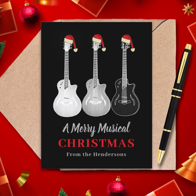 Cool Guitar Christmas Merry Music Personalised Holiday Postcard (Christmas guitars black and white guitar wearing santa hat merry musical custom holiday card)