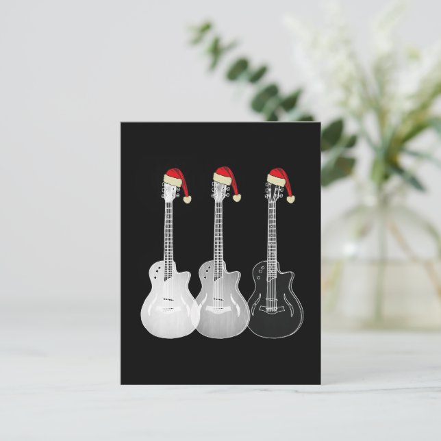 Cool Guitar Santa Black and White  Holiday Postcard (Standing Front)