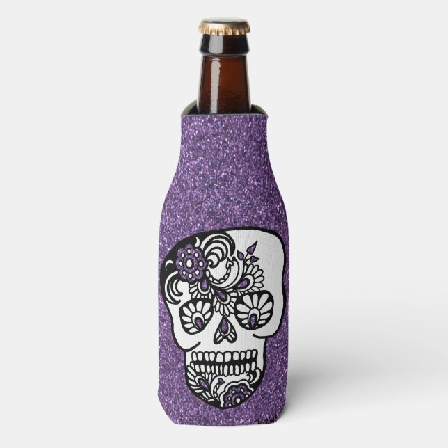Cool Halloween Day of the Dead Glitter Sugar Skull Bottle Cooler (Bottle Front)