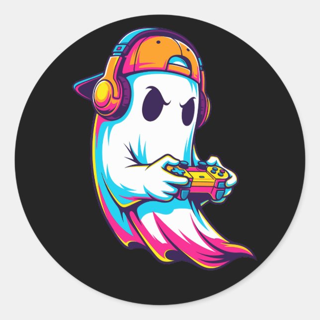 Cool Halloween Ghost Gamer Classic Round Sticker (Front)