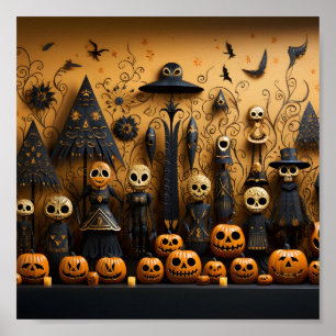 Cool Halloween Seamless Pattern Pumpkins And Skull Poster