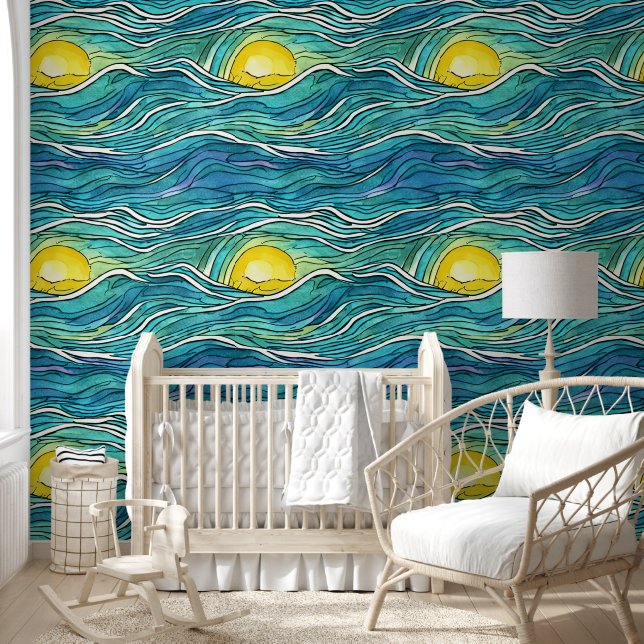 Cool hand drawn artwork Blue ocean Summer sunshine Wallpaper (Kids)