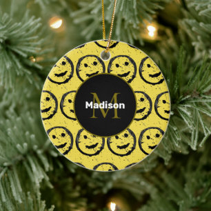 Cool Happy Smiling face pattern yellow Monogram Ceramic Ornament