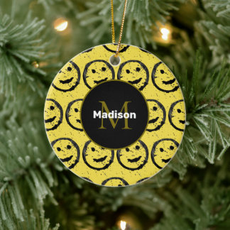 Cool Happy Smiling face pattern yellow Monogram Ceramic Ornament