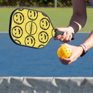 Cool Happy Smiling face pattern yellow Monogram Pickleball Paddle