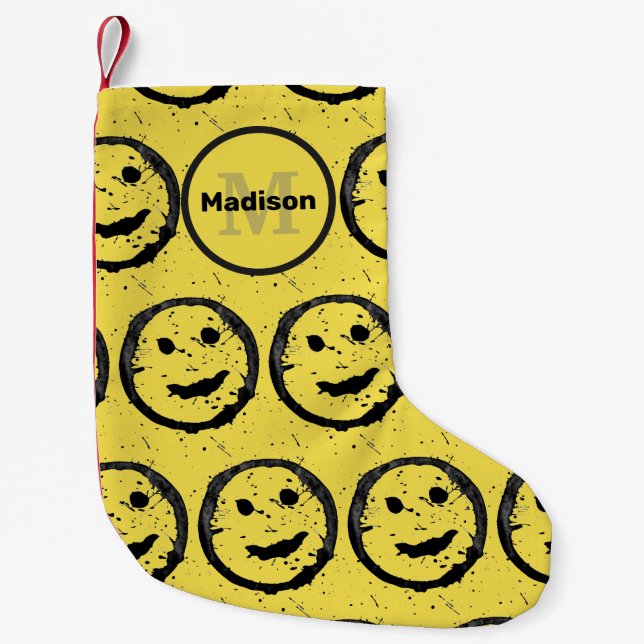 Cool Happy Smiling face pattern yellow Monogram Small Christmas Stocking (Front)