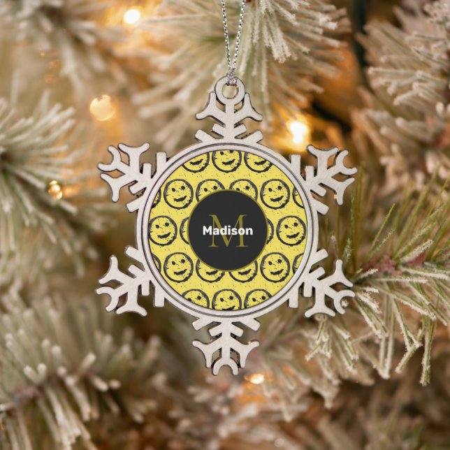 Cool Happy Smiling face pattern yellow Monogram Snowflake Pewter Christmas Ornament (Tree)