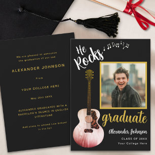 Cool He Rocks Graduate Photo Modern Black Gold Announcement