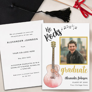 Cool He Rocks Graduate Photo Modern Gold Announcement