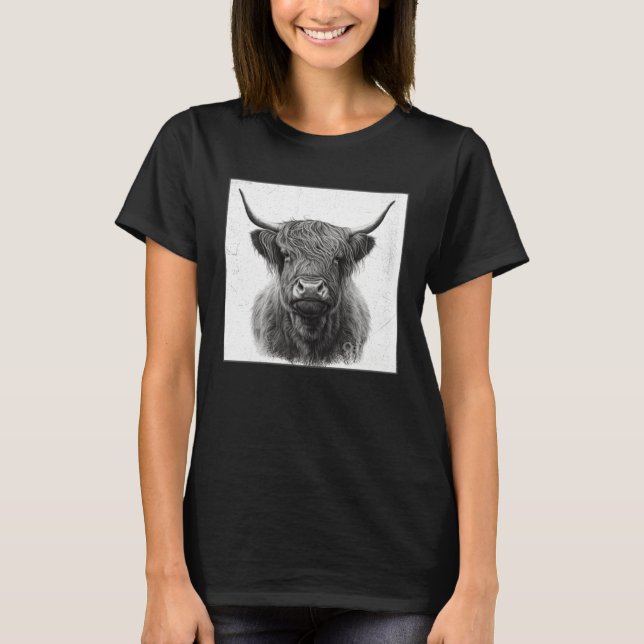 Cool Highland Cow Illustration Black Horn Women Me T-Shirt (Front)