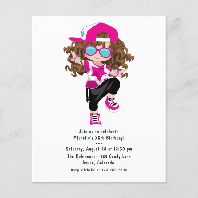 Cool Hip Hop Rap Girl Birthday Party Flyer (Front)