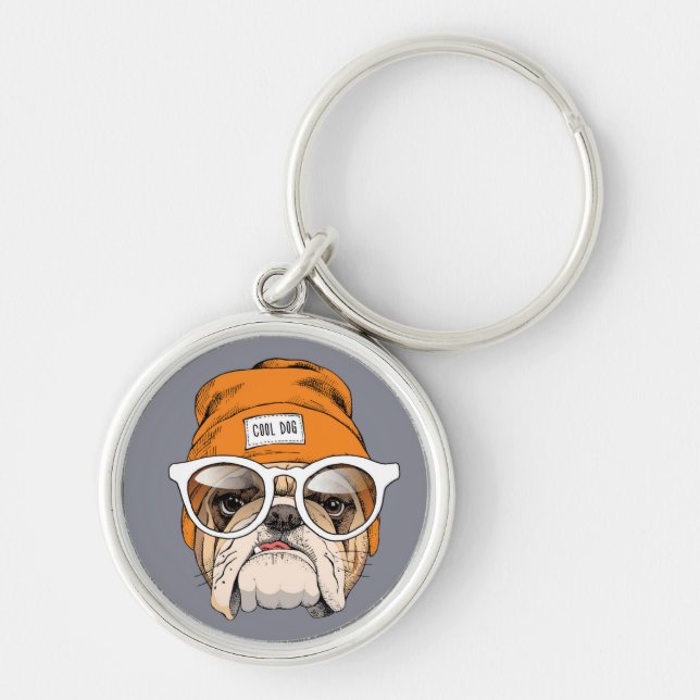 Cool Hipster Bulldog Key Ring (Front)