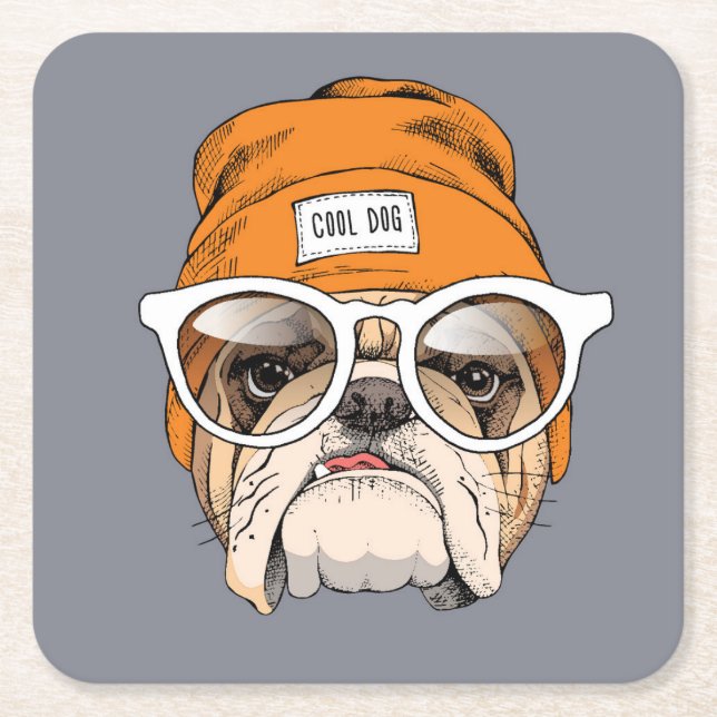 Cool Hipster Bulldog Square Paper Coaster (Front)