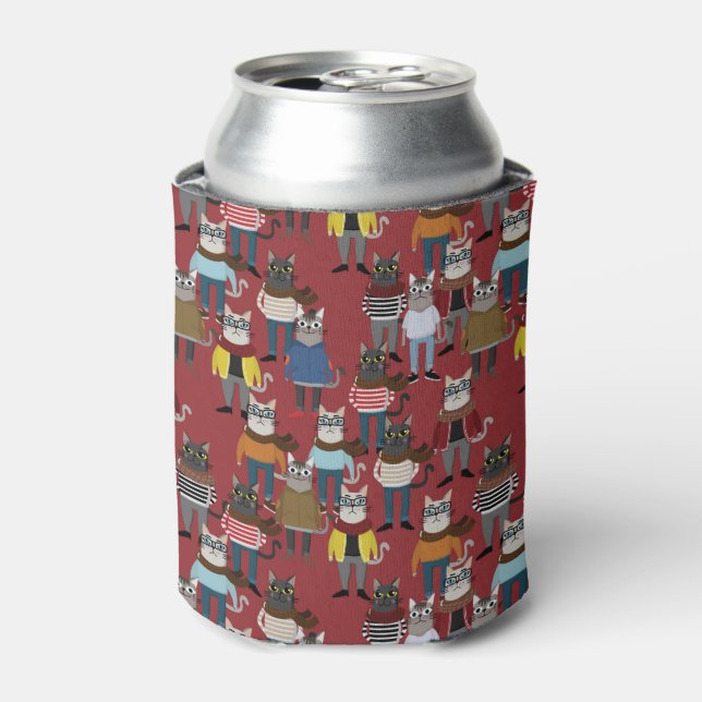 Cool Hipster Cat Pattern Can Cooler (Can Front)