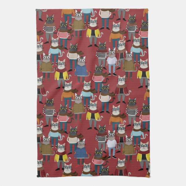 Cool Hipster Cat Pattern Tea Towel (Vertical)