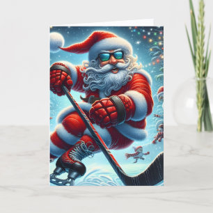 Cool Hockey Playing Santa Christmas Holiday Card