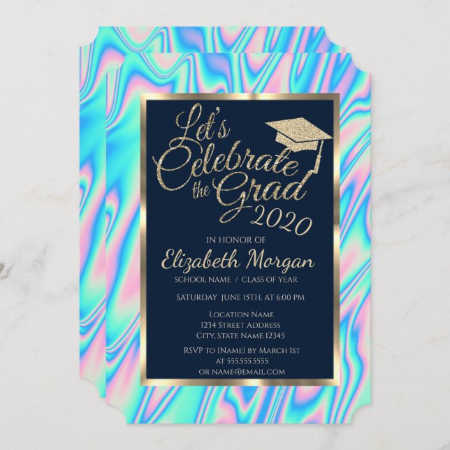 Cool Holographic Glitter Graduation Cap Graduation Invitation (Front/Back)