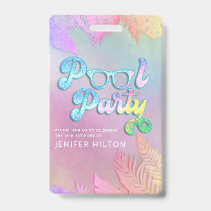 Cool holographic tropical leaves script pool party ID badge