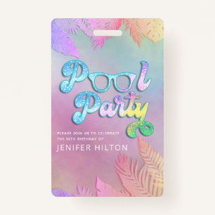 Cool holographic tropical leaves script pool party ID badge