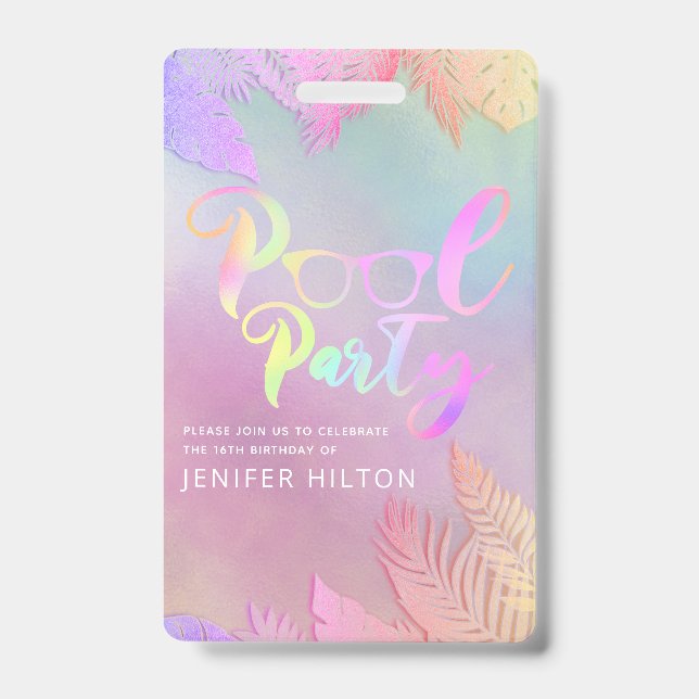 Cool holographic tropical leaves script pool party ID badge (Front)