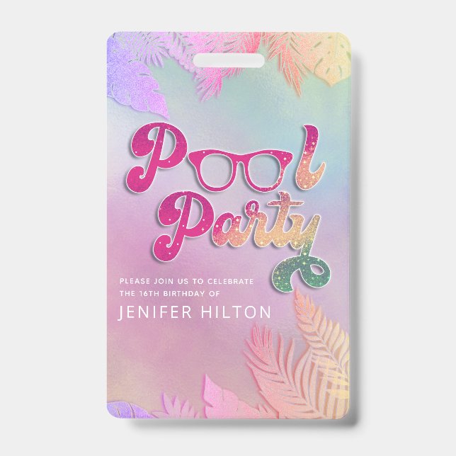 Cool holographic tropical leaves script pool party ID badge (Front)
