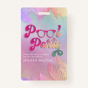 Cool holographic tropical leaves script pool party ID badge