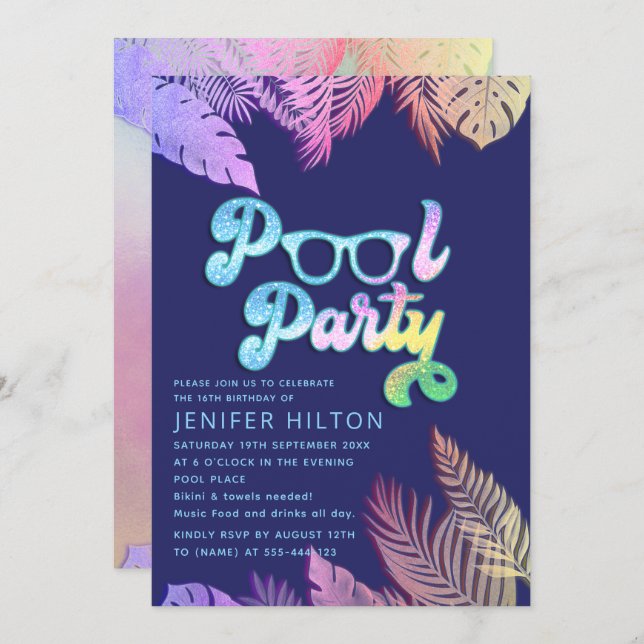 Cool holographic tropical leaves script pool party invitation (Front/Back)