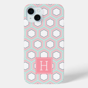 Cool Honeycomb Pattern and Coral Monogram iPhone 15 Mini Case