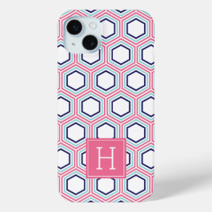 Cool Honeycomb Pattern and Pink Monogram iPhone 15 Mini Case