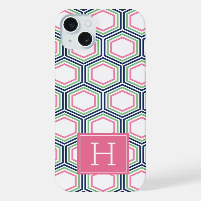 Cool Honeycomb Pattern and Pink Monogram iPhone Case (Back)