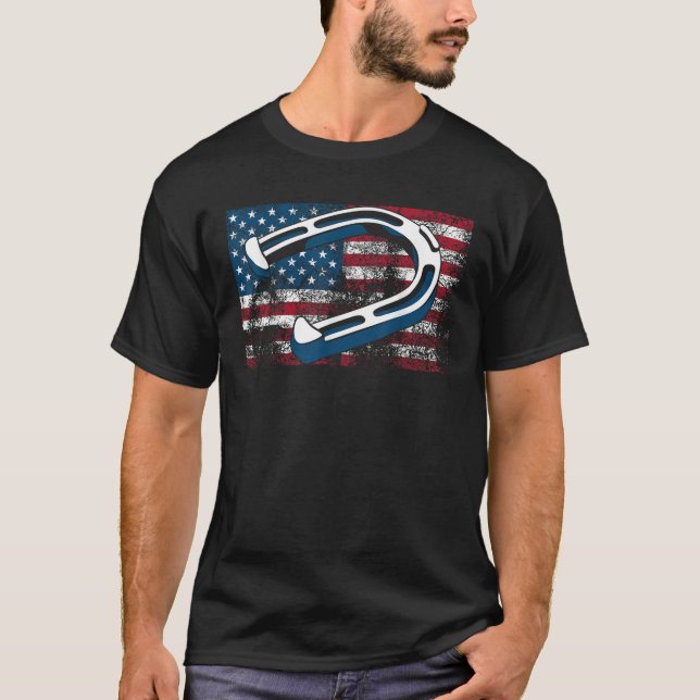 Cool Horseshoe Pitching USA Flag Funny US Pitcher  T-Shirt (Front)