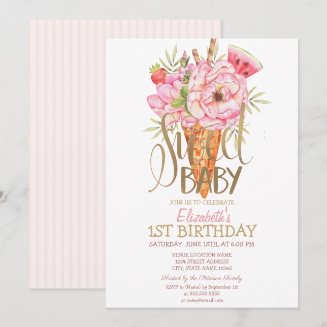 Cool Ice Cream Fruits Striped Birthday  Invitation (Front/Back)