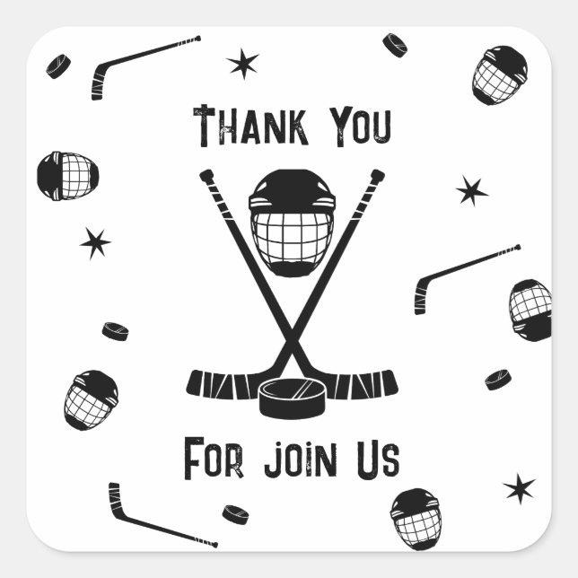 Cool Ice Hockey Black and White Birthday Party Square Sticker (Front)