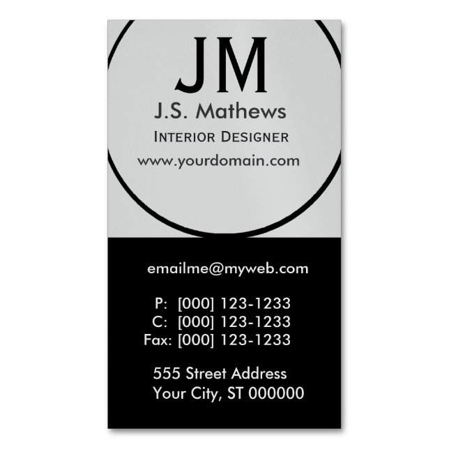 Cool Interior Designer Corporate Black  Monogram Magnetic Business Card (Front Vertical)